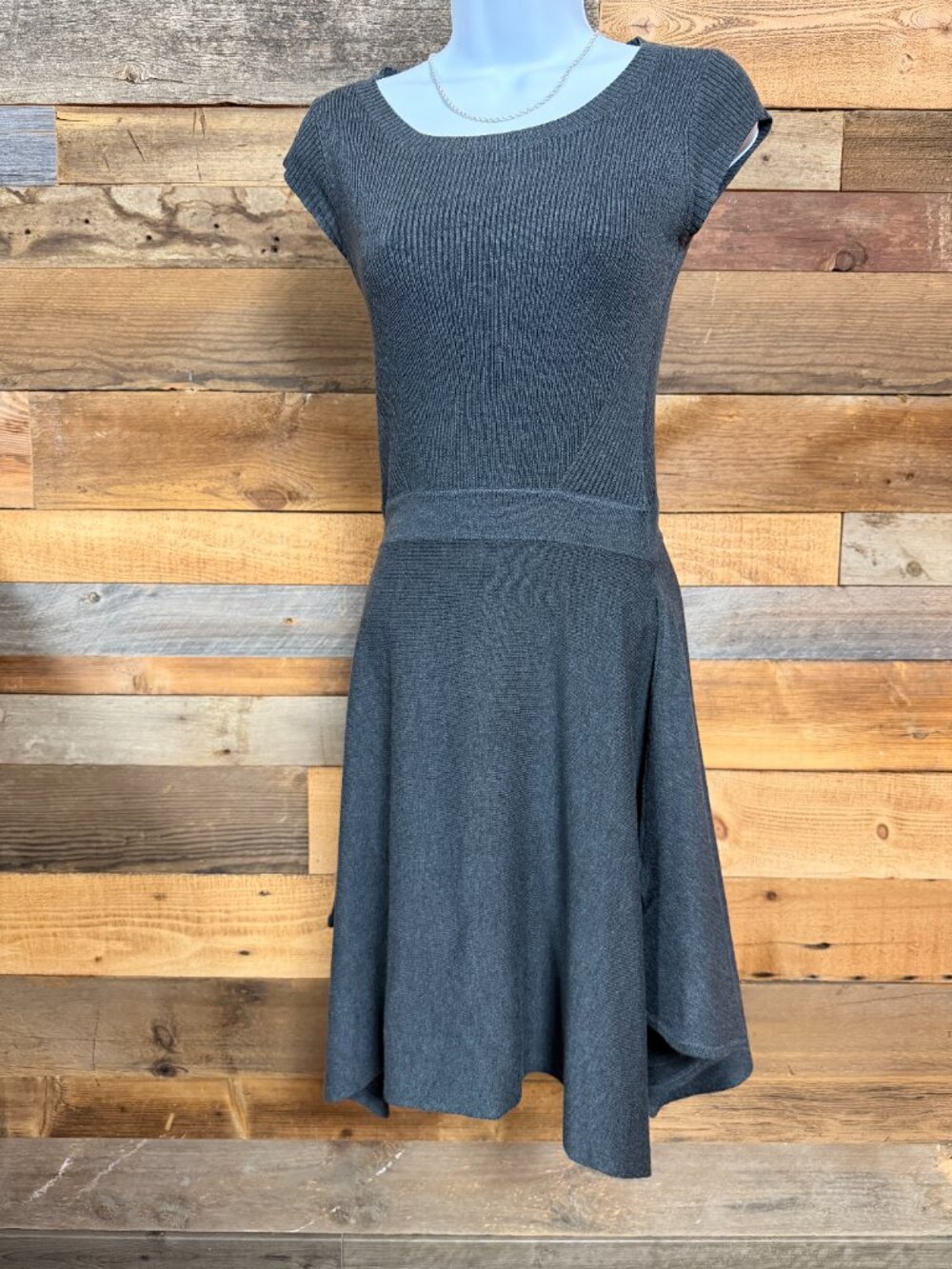 Mossimo Dark Gray Asymmetrical Hem Dress XS Structured Waist Cap Sleeve Knit